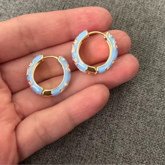 Blue Floral Gold Hoop Earrings - Picture 3 of 7